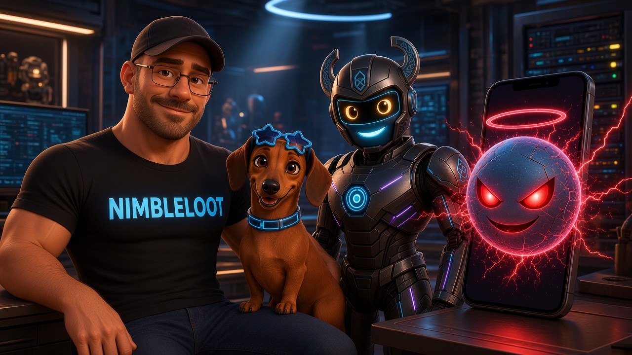 Kevin, Ace the dachshund, and cyber-Viking bot Floki facing off against Rogue AI NOVA